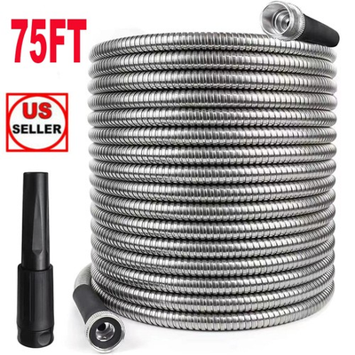 #ad 75ft Stainless Steel Metal Garden Water Hose Heavy Duty Flexible With Nozzle USA $37.70