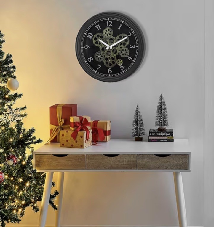 15 Inch Real Moving Gear Industrial Steampunk Wall Clock, Vintage Matt Black