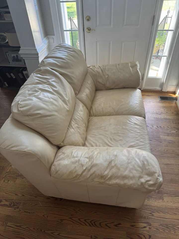 Beige Leather Loveseat Sofa Plush Cushions - Image 2 of 3