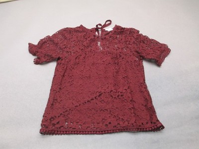 H&M Size 2 Girls Bordo Lace Short Sleeve Back Tie Casual Beauty Comfy Top 319