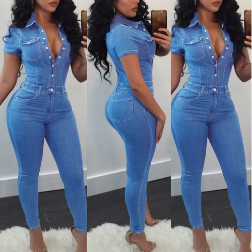 Women Short Sleeve Denim Jumpsuit Jeans 