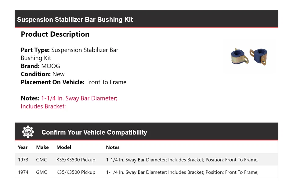 Kit de buje de barra estabilizadora de suspensión para camioneta GMC K35/K3500 1973-1974 MOOG Foto 2 de 4