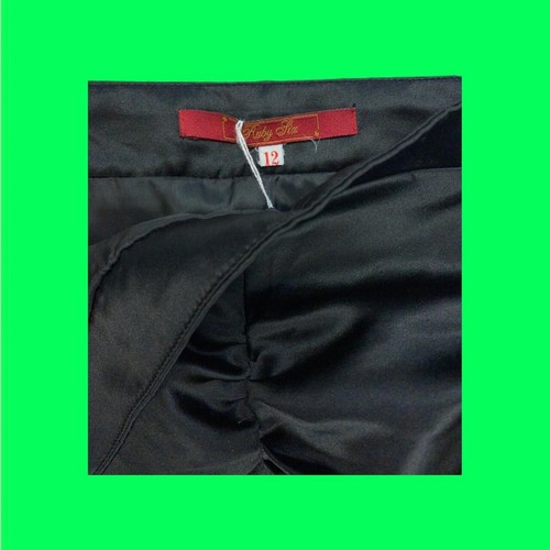 RUBY SIX Ruched Ruffled Pencil Satin Skirt, Accent Gem Buttons, Black, UK 12 - Picture 4 of 4