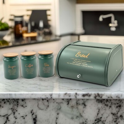 4PCs Metal Bread Bin Storage Box Canister Set Fitting Lid Tea