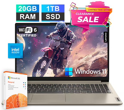 2025 Lenovo IdeaPad Laptop 15.6'' 1-Yr MS 365 Intel Dual-Core 20GB RAM & 1TB SSD