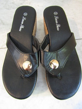 NIB Limon Shoes Black w/ Gold Button Cork Wedge Heel Sandal Thong Shoe Women 40