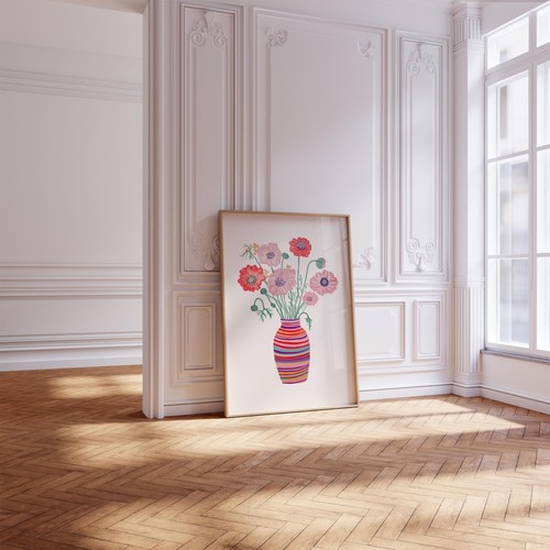 Colorful Pink and Red Poppy Flower Floral Wall Art Print Poster - Picture 4 of 6