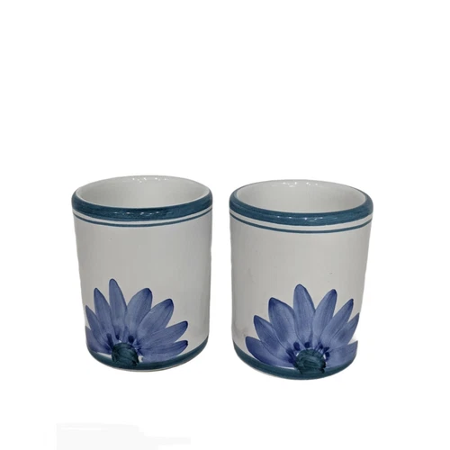 2 Vintage Caleca Mugs 4" Blue Flower Leaves Italian Made in Italy