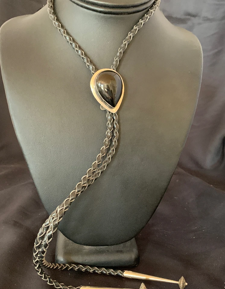 Mens Black Onyx Sterling Silver Navajo Bolo Tie 12148 - Image 4 of 4