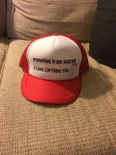 Vintage Pumping Iron Sucks I Like Lifting Tin  Beer Snapback Trucker Hat