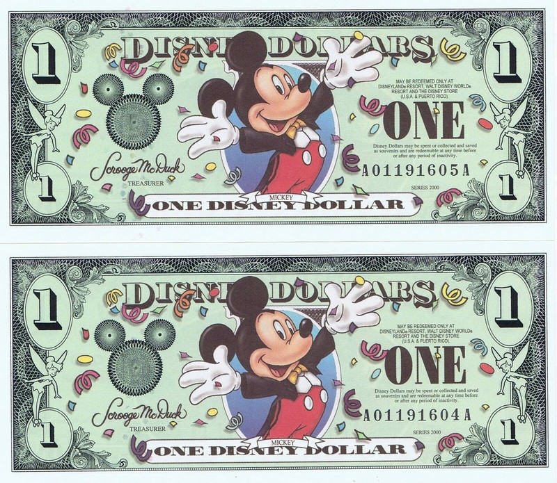 2 CONSECUTIVE 2000 A Disneyland $1 UNC MINT Mickey Disney Dollars Dollar DIS65
