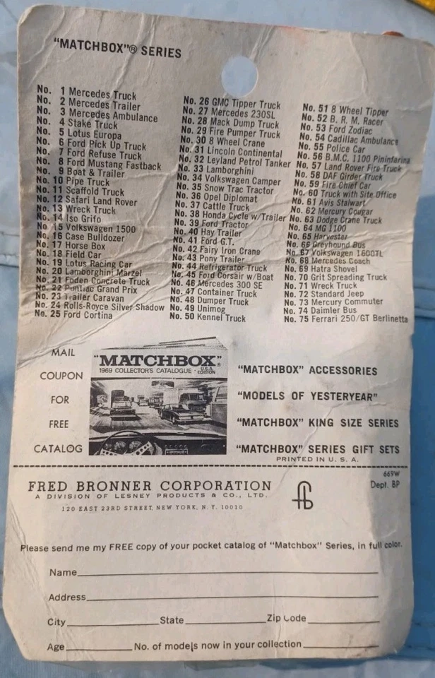 1968 Matchbox Lesney Fred Bronner #49 UNIMOG TRUCK On Blister Card TATTERED BOX - Image 2 of 4