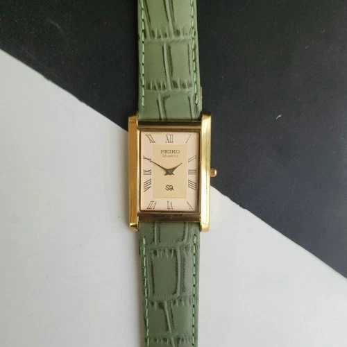 Vintage Seiko Slim Tank Quartz Men Golden Dial Dress Watch-Free Shipping