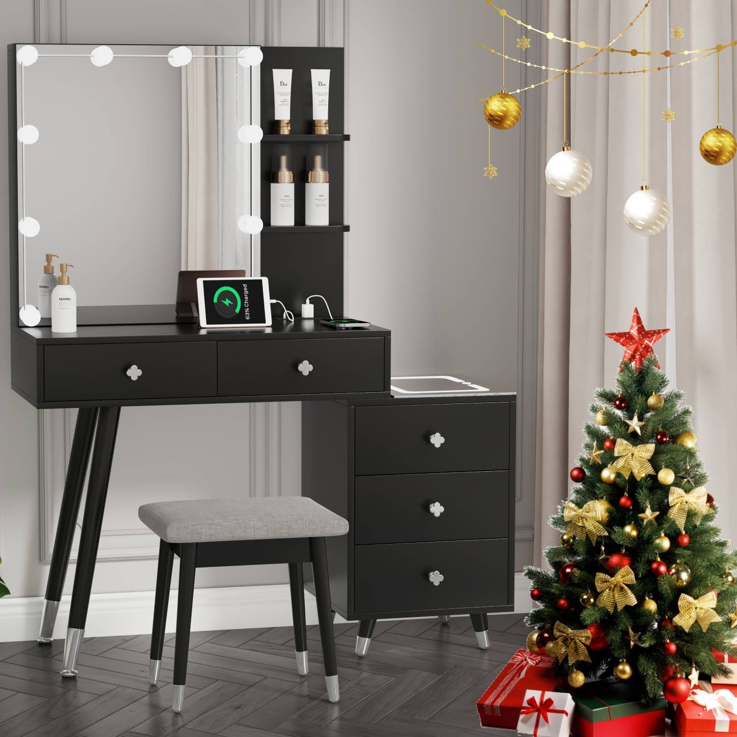 LED Vanity Set with Mirror & Lights Makeup Dressing Table Glass Top