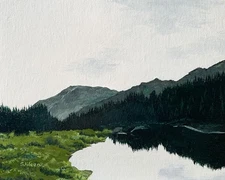 Orig. 8x10 Oil Landscape Painting Lake with Pines, Reflections, Meadow Signed