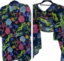 Kuny Barcelona Swim Cover Up Set Womens 12 Black Ocean Print Shirt Wrap Sheer