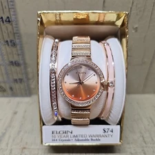 Elgin Womens Pink Watch & 2 Bracelets 164 Crystals Adjustable Buckle NOS