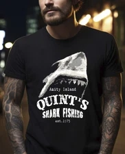 Quints Shark Fishing JAWS Amity Island 1975 Black T-Shirt, S-5Xl
