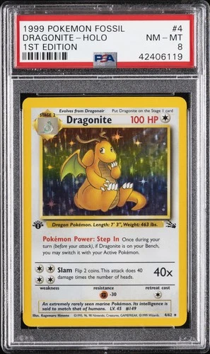 1999 POKEMON FOSSIL 1ST ED #4 DRAGONITE-HOLO PSA 8