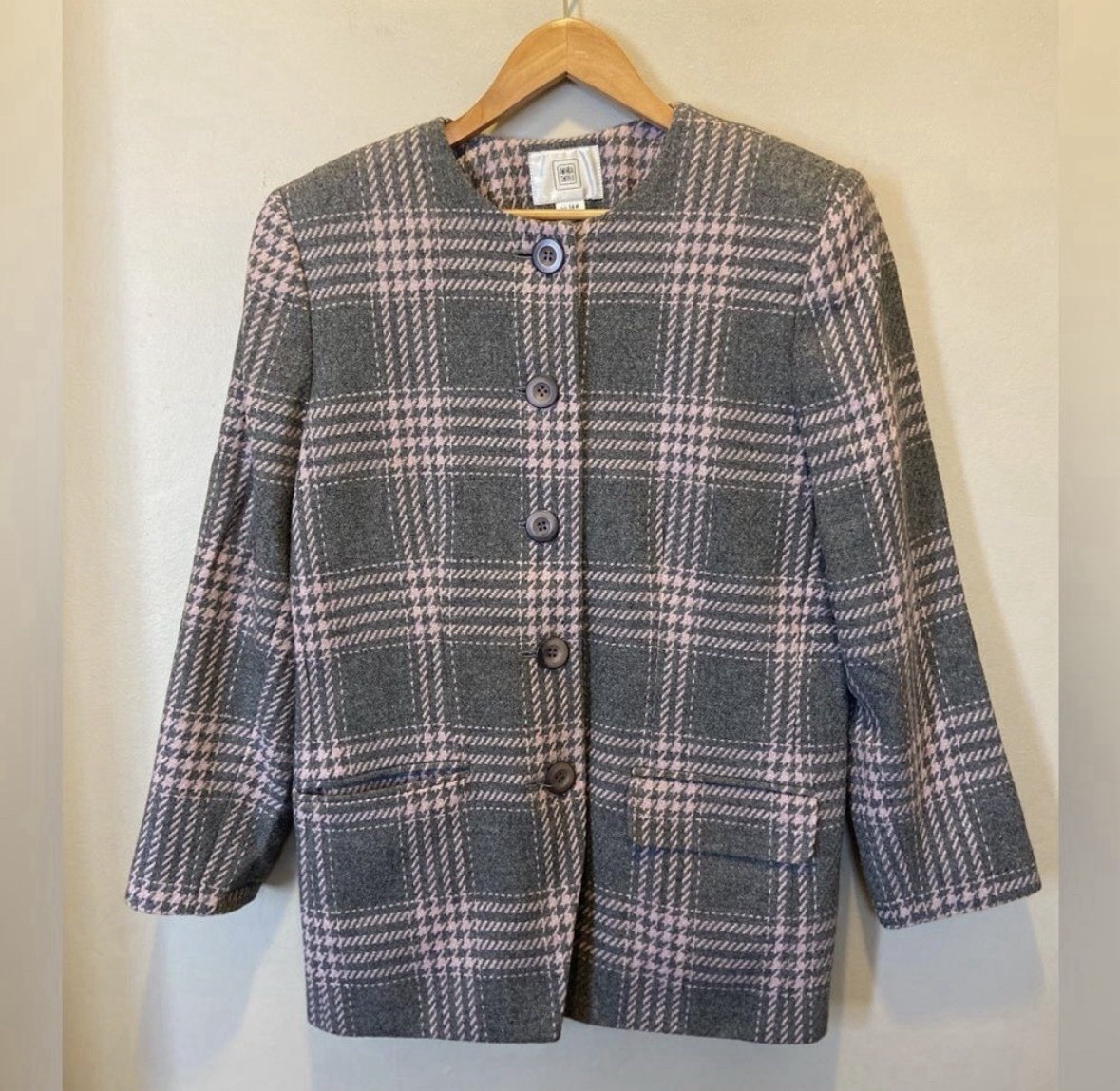 Amanda Smith Collarless Button Down Pink/Gray Pla… - image 1