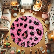 Pink Leopard Velvet Round Mat, High-Definition Printed Double-Locked Edge Mat fo