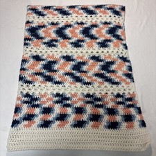 Vintage Handmade Knit Crochet Afghan Throw Blanket 50  x36  White Blue Orange