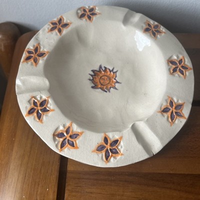 Vintage orange und weiß Aschenbecher primitive Volkskunst Ton Schmuck Schale D6''
