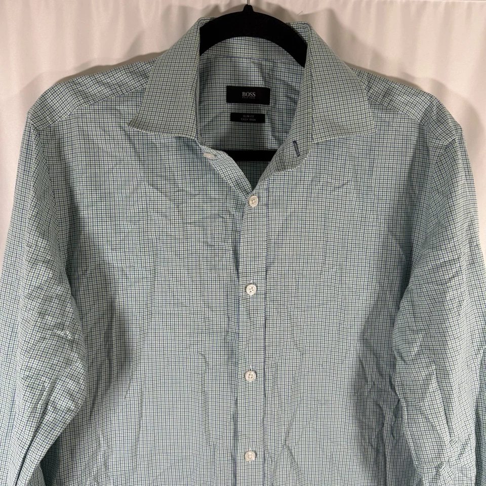 Camisa de vestir Boss Hugo Boss para hombre 39 15,5 verde a cuadros con botones manga larga ajustada Foto 2 de 4