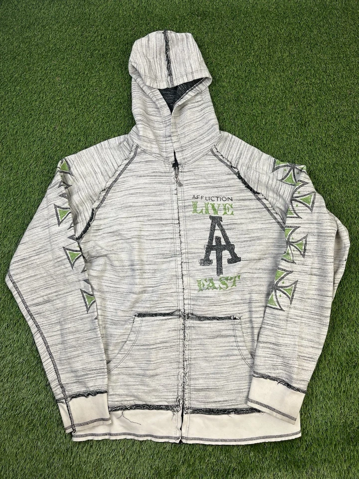 Affliction Reversible Hoodie Sz Large Skull Zip Up Sweater Y2K Vtg - Image 3 of 4