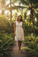 Mi Ami Layered Lace Dress Sz L White Tan Stretch Keyhole Neck Scalloped Lined