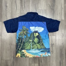 Rietveld Shirt Button Up Hula Girl Camp Tiki Made in USA Men’s Size L/XL Blue