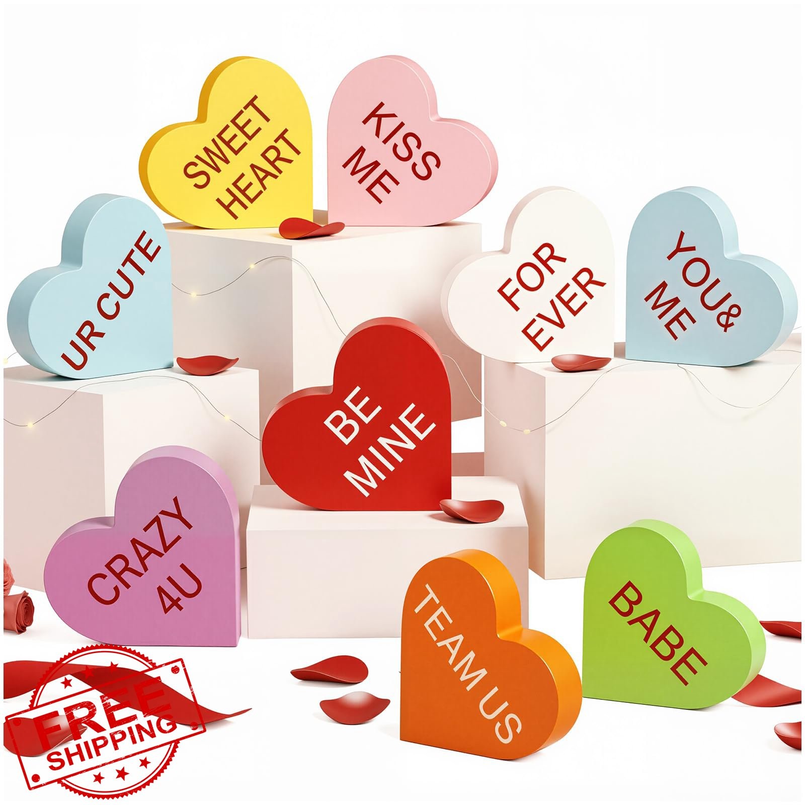 OLANRUN Valentines Day Decor 9pc Wooden Conversation Hearts Sign Romantic Hom...