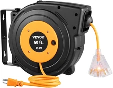 Durable 50 FT Retractable Power Cord Reel with 13 Amp Breaker & Swivel Bracket