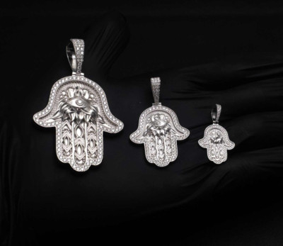 Hand of Fatima MOISSANITE Hamsa Evil Eye Solid 925 Sterling Silver Iced Pendant
