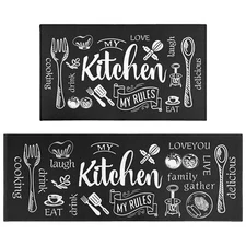 Black Kitchen Rugs and Mats Set of 2 Kitchen Utensil Non-Slip Washable Mat Bl...