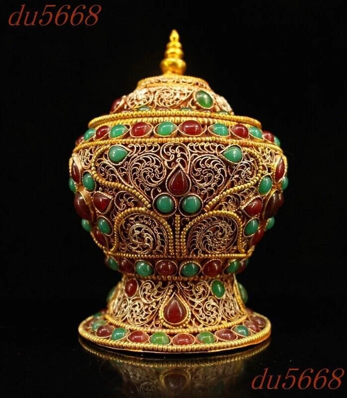 Frasco de relíquia de filigrana de prata 4,8" China com incrustação de pedras preciosas tanques pote de crock - Imagem 2 de 4