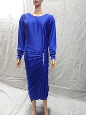1980's Vintage Dress Night Moves By Hal Blue Ruched Midi Size 15/16 Made In USA