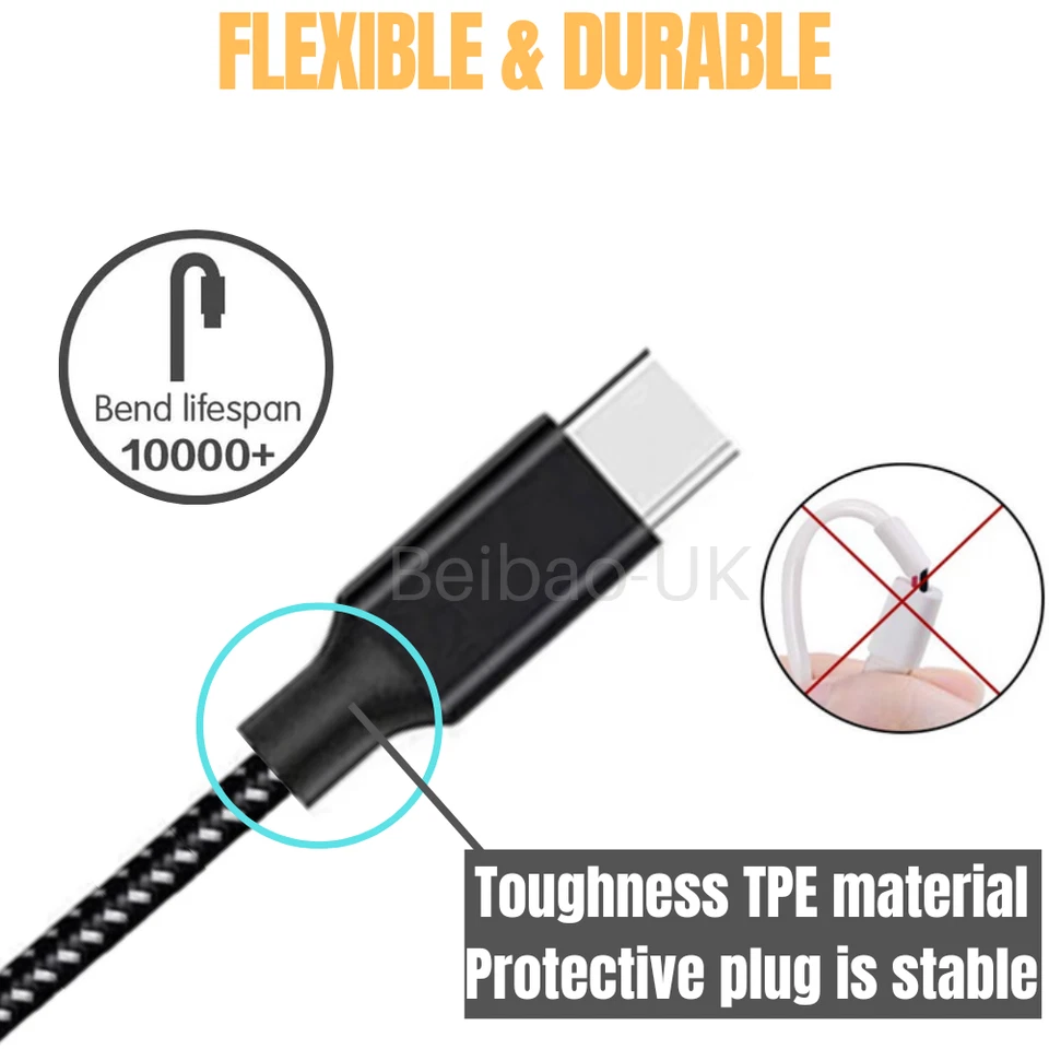 3Pack Type C Fast Charge Cable 10Ft USB C Charger For Samsung Galaxy S8 S9 S10 - Image 3 of 4