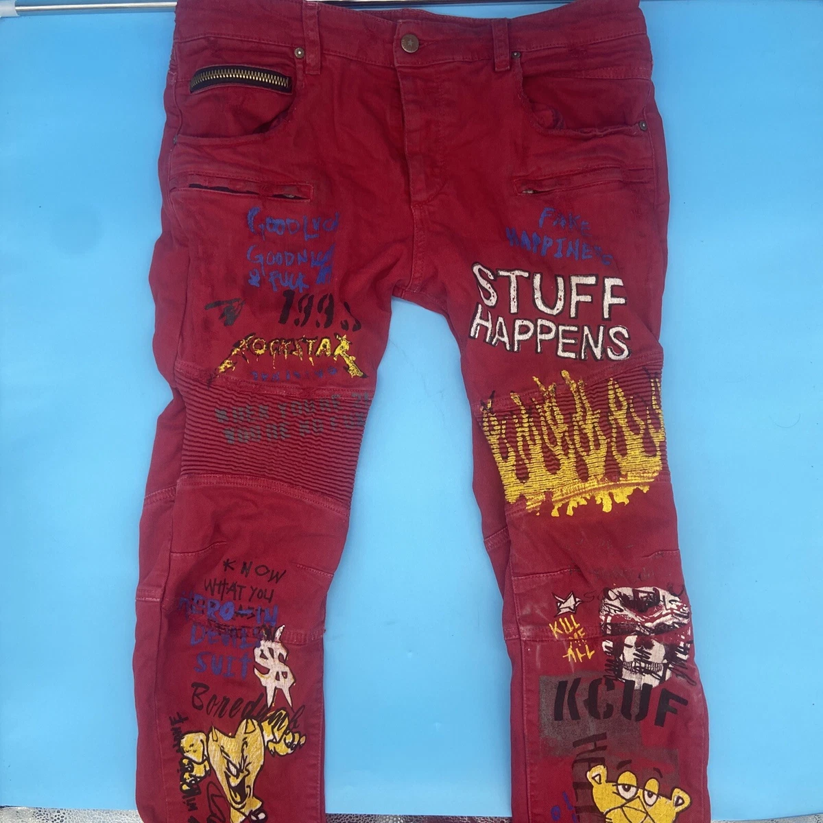 Rockstar Graffiti RED Denim Jeans Sz 34 Fake Happiness Stuff Happens