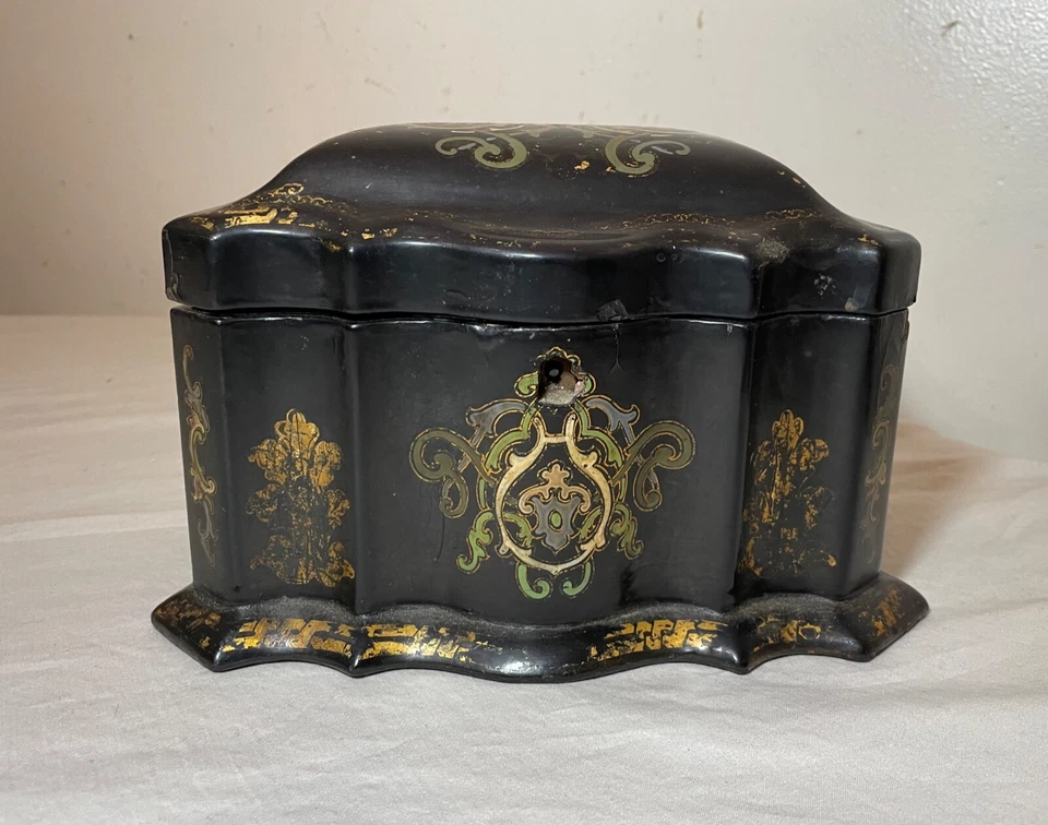 caixa de chá antiga de madeira francesa lacada dourada feita à mão do século XIX - Imagem 4 de 4