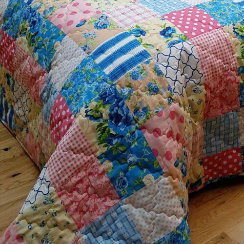 PATCHWORK BLUE BEDSPREAD SET QUILTED FLORAL STRIPES POLKA DOT CHECK PINK YELLOW - Picture 2 of 3