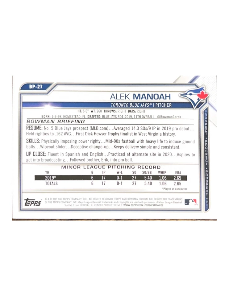 2021 Bowman [Sky Blue Paper] #BP-27 Alek Manoah 005/499 - Image 2 of 2