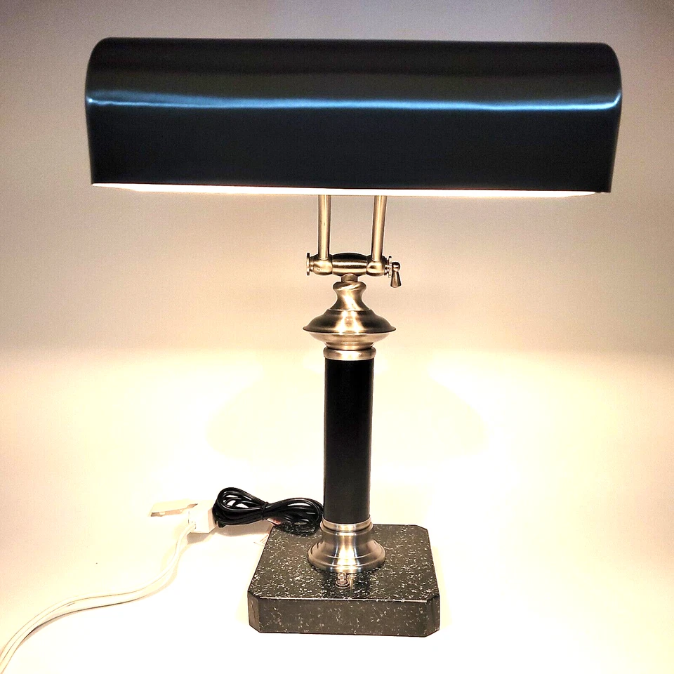 Lámpara de Escritorio Piano 10" Dos Luces Base Mármol Pantalla de Latón Antigua para Mesa de Oficina Foto 3 de 4