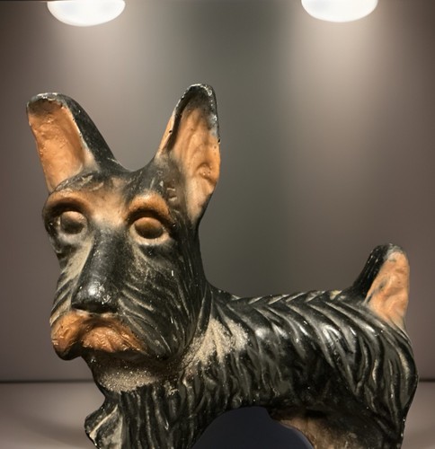 Vintage 1940s Chalkware Carnival Prize Terrier, 10.5” X 10”