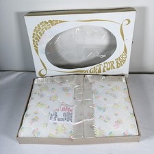 Vintage Quilted Baby Crib Blanket White Pastel Circus Images Satin Trim New