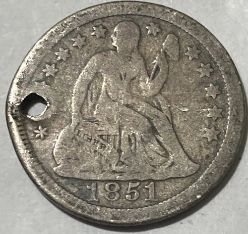 1851-O Seated Liberty Dime Good Details Holed