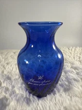 Vintage “Bloom Where You Are Planted” Cobalt Blue Glass Vase 5.5” Religious