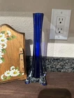 VTG Murano Style Cobalt Blue Slender Handcrafted Bud Vase 9.5 Inches Tall