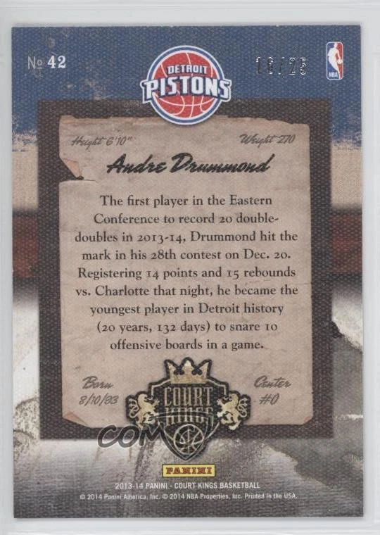 2013-14 Panini Court Kings Gold /25 Andre Drummond #42 - Image 2 of 2