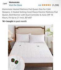 HOMEMATE HEATED QUEEN MATTRESS PAD - 80" x 60" UP TO 21" DEEP
